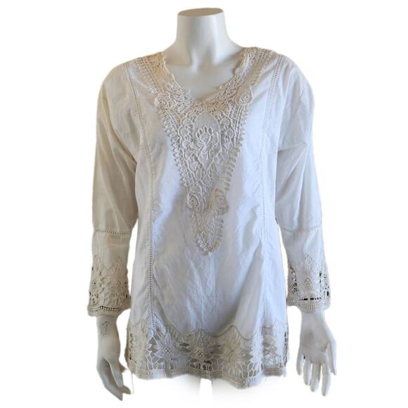 Somya Idian boho embroidered long sleeve floral white blouse S-M top V-neck - Picture 2 of 5